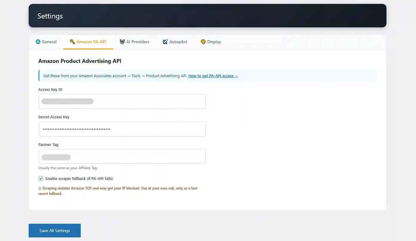 Amazon Product Advertising PA-API settings